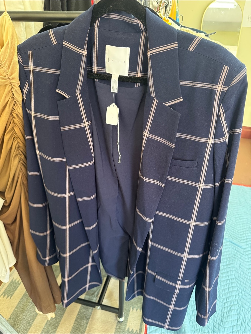 Lafayette 148 New York Navy Windowpane Blazer with Pale Pink Checks